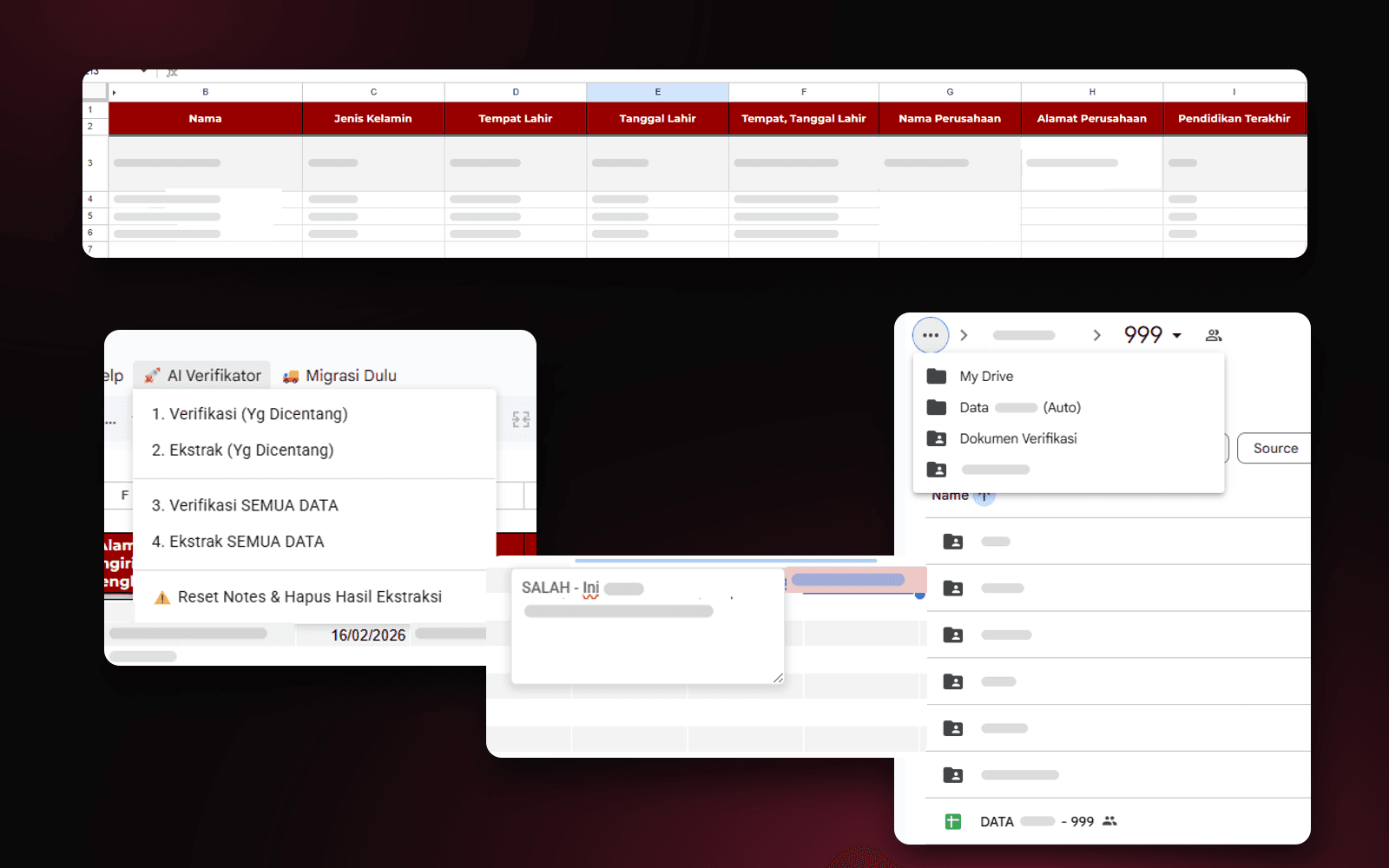 Kolase sistem verifikasi dokumen: tabel hasil ekstraksi AI di Google Sheets, menu AI Verifikator, catatan validasi AI, dan folder hasil migrasi di Google Drive