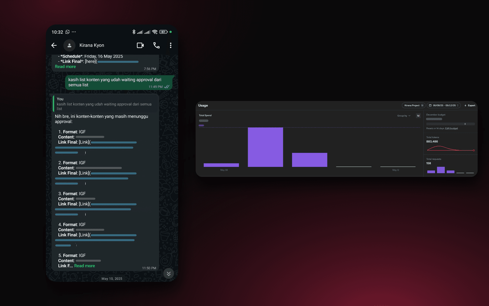 Kolase chat WhatsApp dengan AI assistant Kirana yang membalas daftar konten menunggu approval, dan dashboard pemakaian API