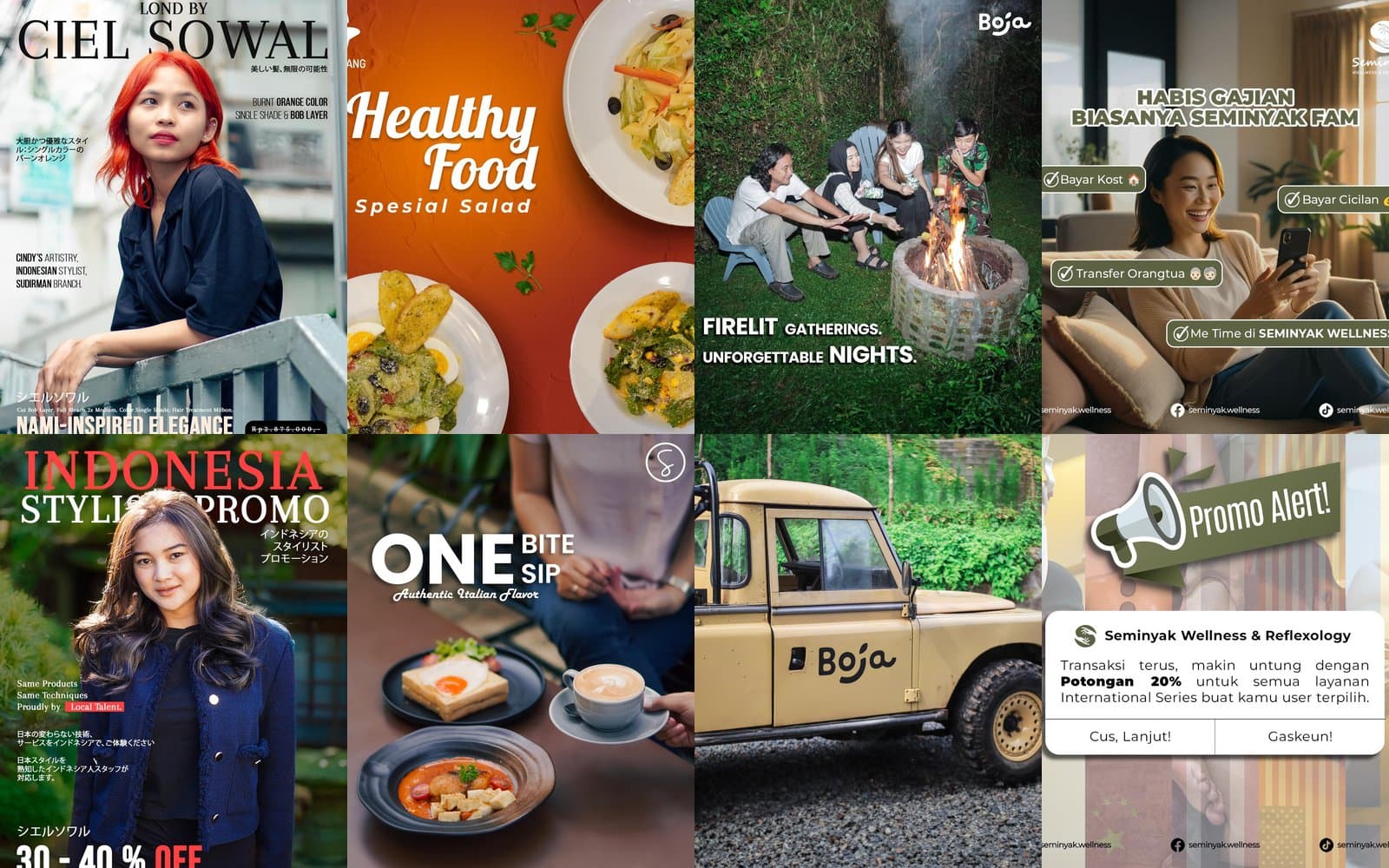Kolase delapan desain konten Instagram dari berbagai brand: salon rambut, makanan sehat, api unggun di agrowisata, wellness, promo salon, kafe, mobil jip, dan promo pijat