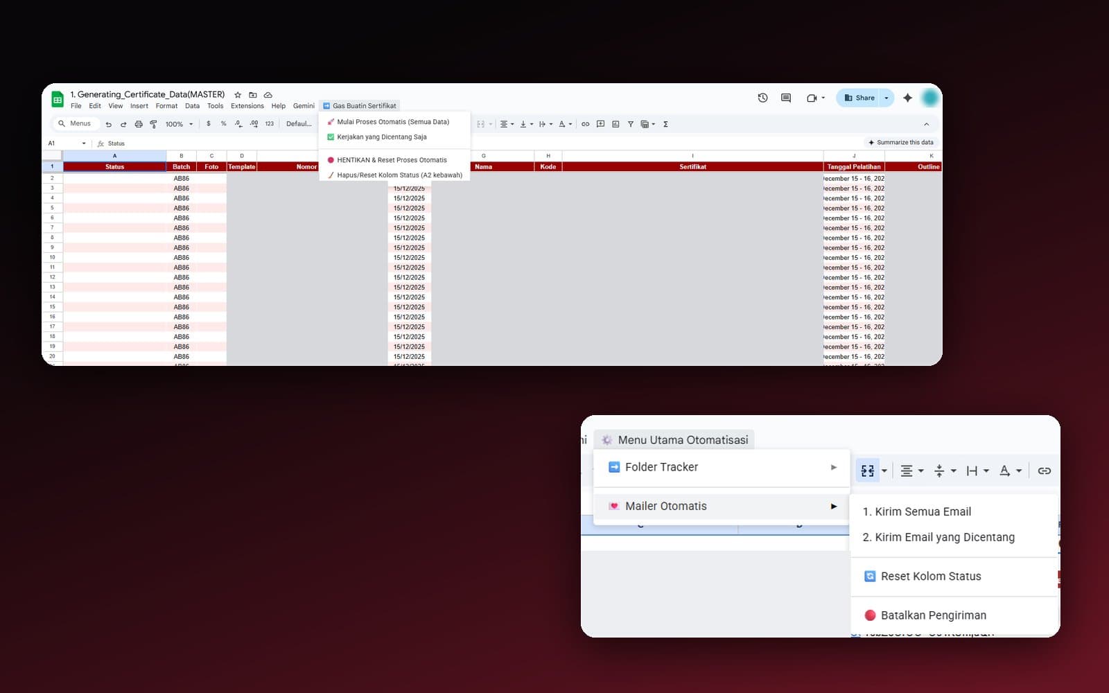 Sheet data sertifikat massal dengan menu kustom Gas Buatin Sertifikat, dan menu Mailer Otomatis untuk mengirim email, dengan data peserta disamarkan