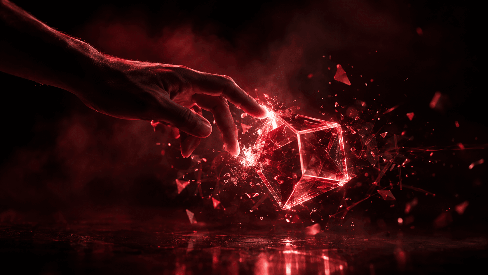 Tangan manusia menyentuh pecahan cahaya yang berserakan, yang kemudian mengkristal jadi satu bentuk geometris solid tepat di titik sentuhan