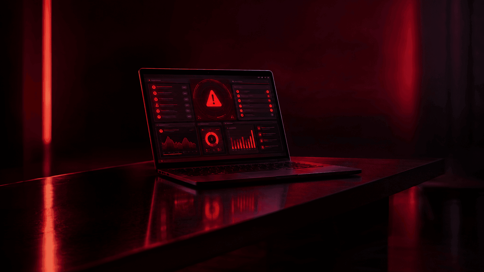 Laptop di ruangan gelap menampilkan dashboard peringatan penuh indikator merah