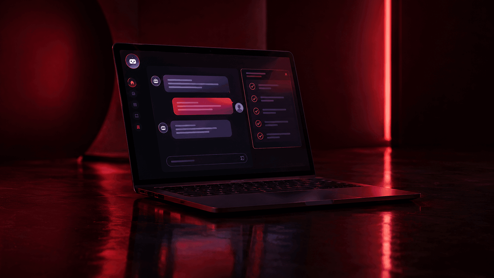 Laptop di ruangan gelap menampilkan antarmuka chat AI agent dengan daftar tugas, pencahayaan burgundy