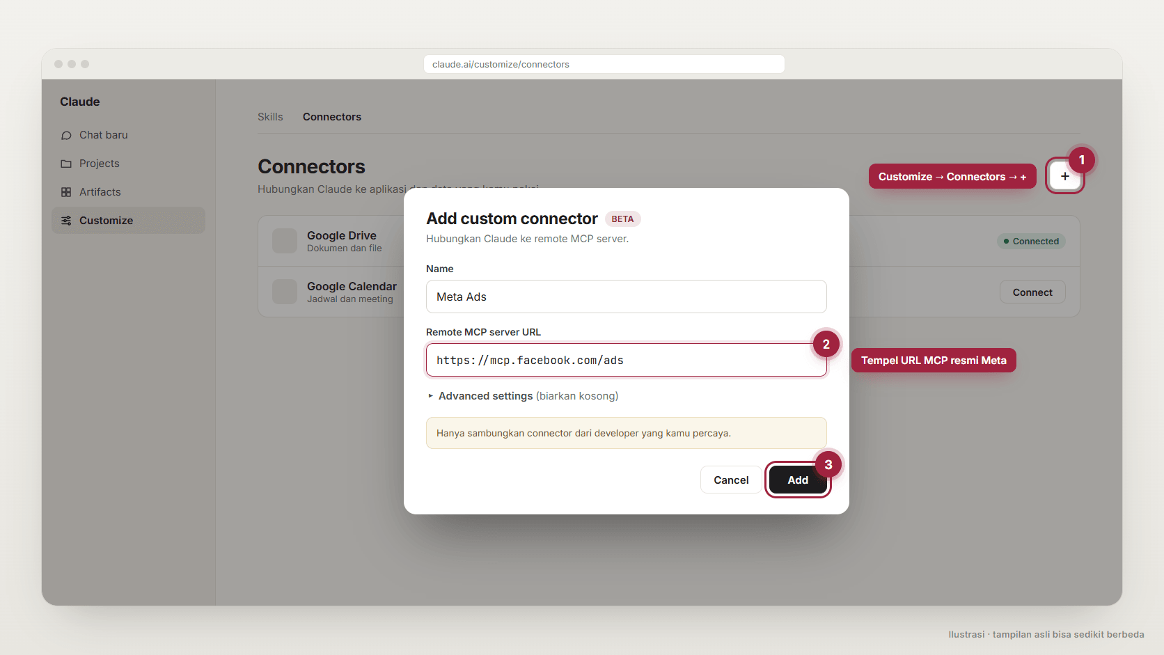 Ilustrasi halaman Connectors di Claude dengan dialog Add custom connector berisi nama Meta Ads dan URL https://mcp.facebook.com/ads, ditandai langkah 1 sampai 3