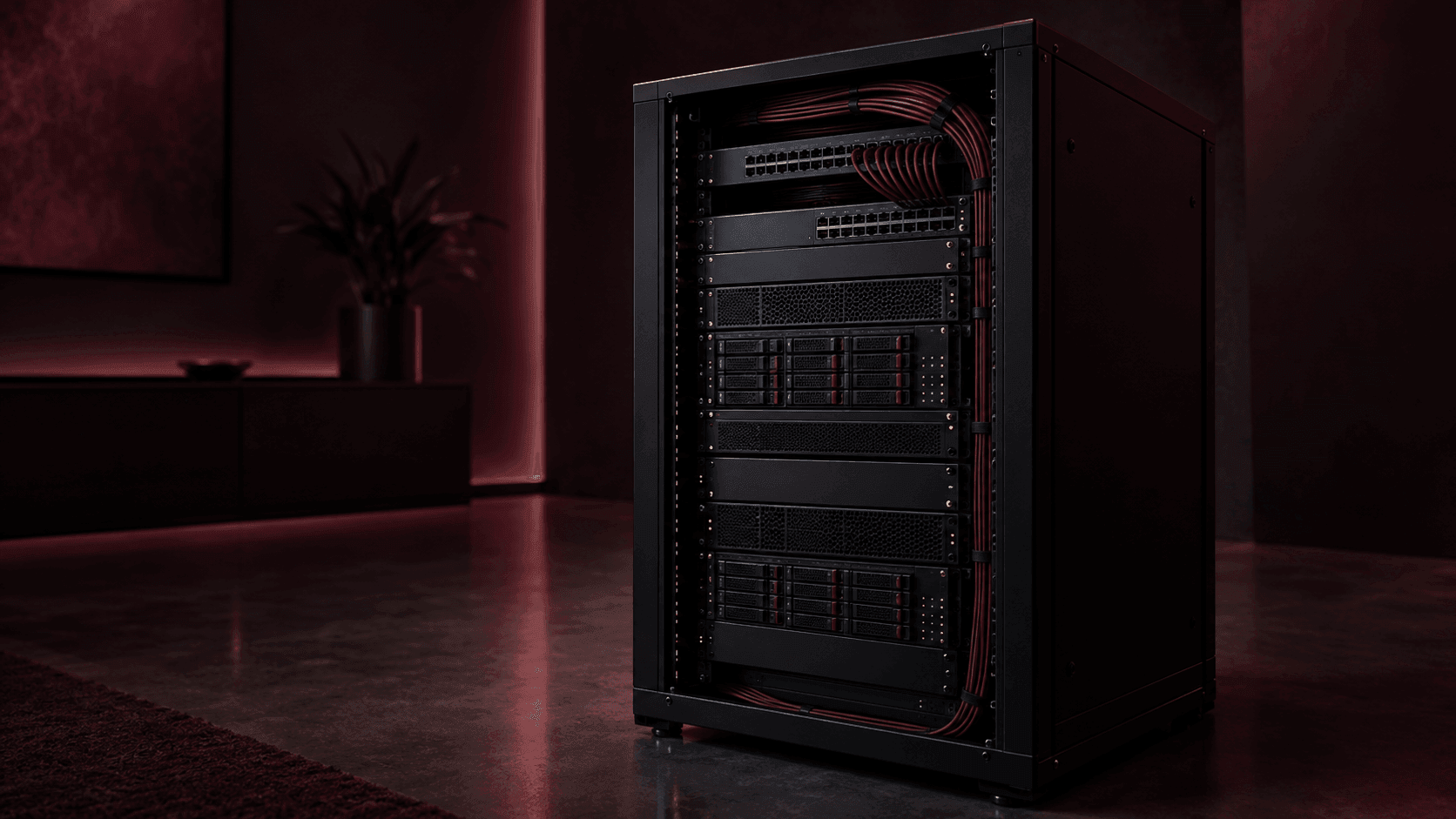 Rak server kecil di ruangan gelap dengan pencahayaan burgundy