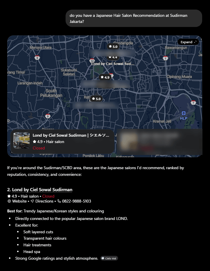 Jawaban ChatGPT untuk pertanyaan rekomendasi salon rambut Jepang di Sudirman Jakarta, dengan peta dan entri Lond by Ciel Sowal Sudirman berating 4,9