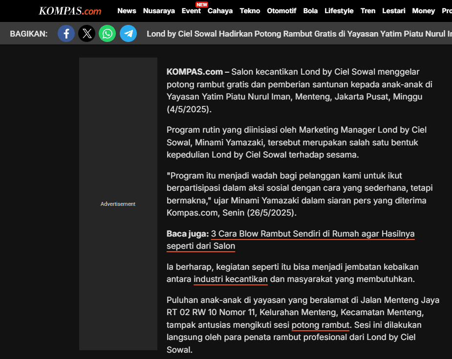 Artikel Kompas.com berjudul Lond by Ciel Sowal Hadirkan Potong Rambut Gratis di Yayasan Yatim Piatu Nurul Iman Menteng