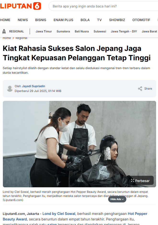 Artikel Liputan6.com berjudul Kiat Rahasia Sukses Salon Jepang Jaga Tingkat Kepuasan Pelanggan Tetap Tinggi, dengan foto penata rambut Lond by Ciel Sowal