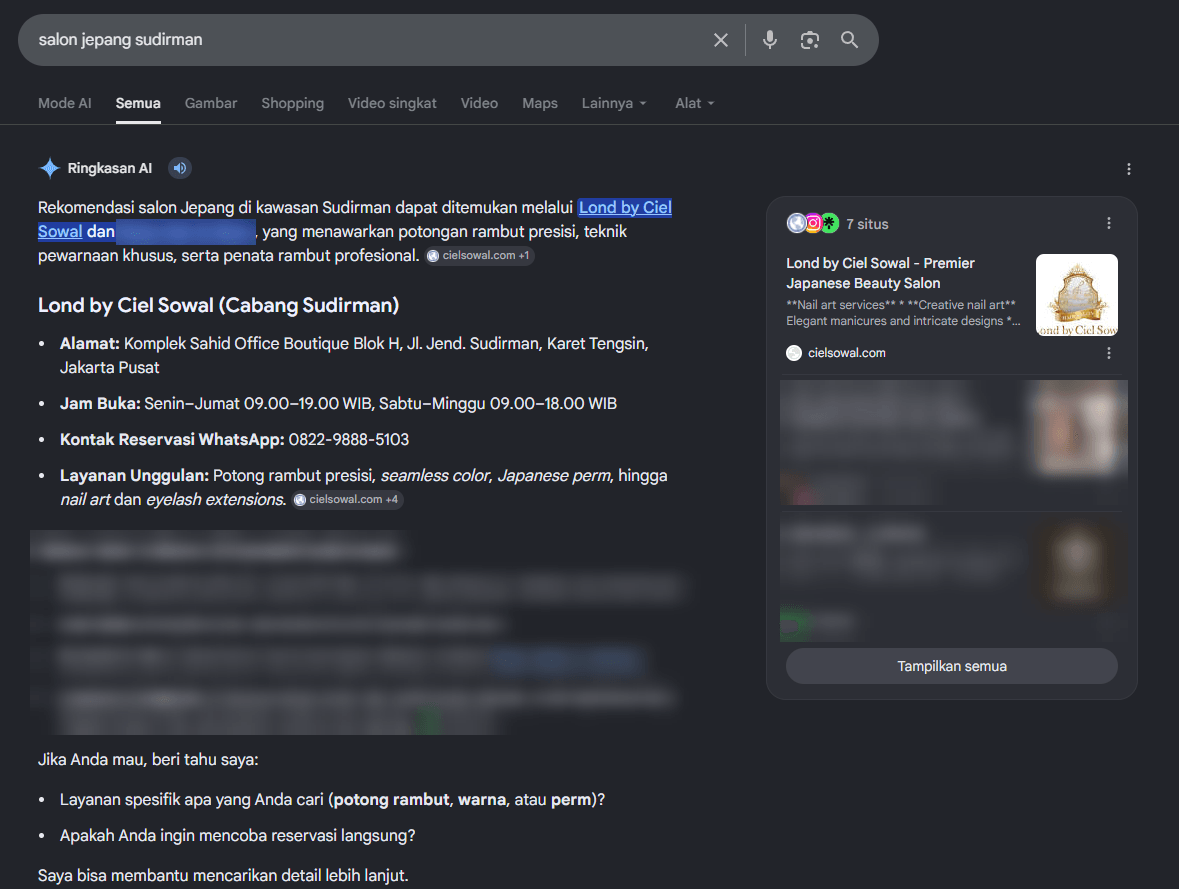 Ringkasan AI Google untuk pencarian salon jepang sudirman yang menyebut Lond by Ciel Sowal Cabang Sudirman dengan alamat, jam buka, kontak reservasi WhatsApp, dan layanan unggulan, mengutip cielsowal.com