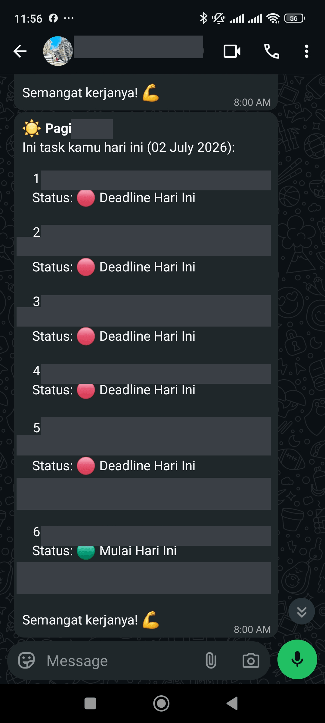 Pesan WhatsApp pagi berisi daftar 6 task hari itu dengan status Deadline Hari Ini, Sedang Berjalan, atau Mulai Hari Ini, beberapa disertai baris Catatan