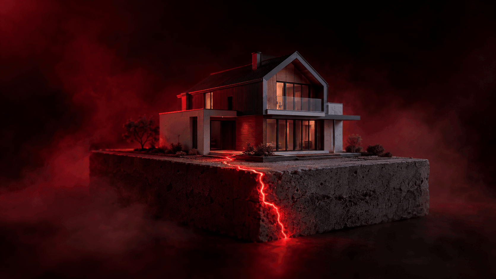 Maket rumah modern berdiri utuh di atas fondasi beton yang retak, retakannya menyala merah