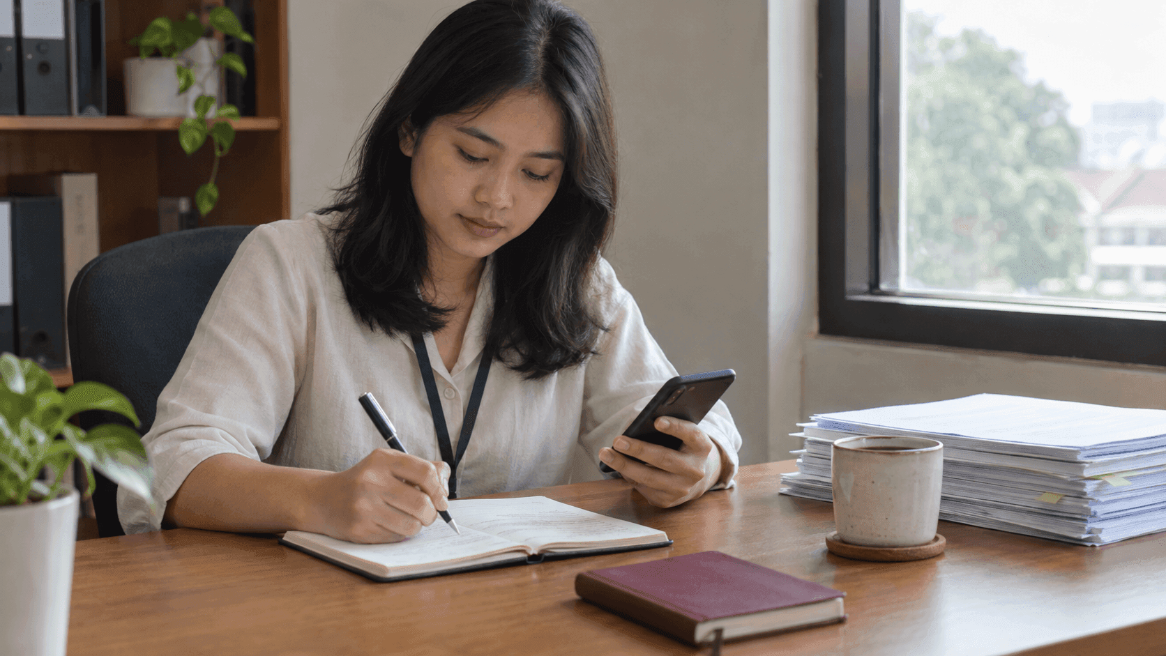 Pekerja kantor di meja kerja sore hari, satu tangan memegang ponsel dan tangan lain mencatat di buku, dengan tumpukan dokumen dan cangkir kopi di sampingnya