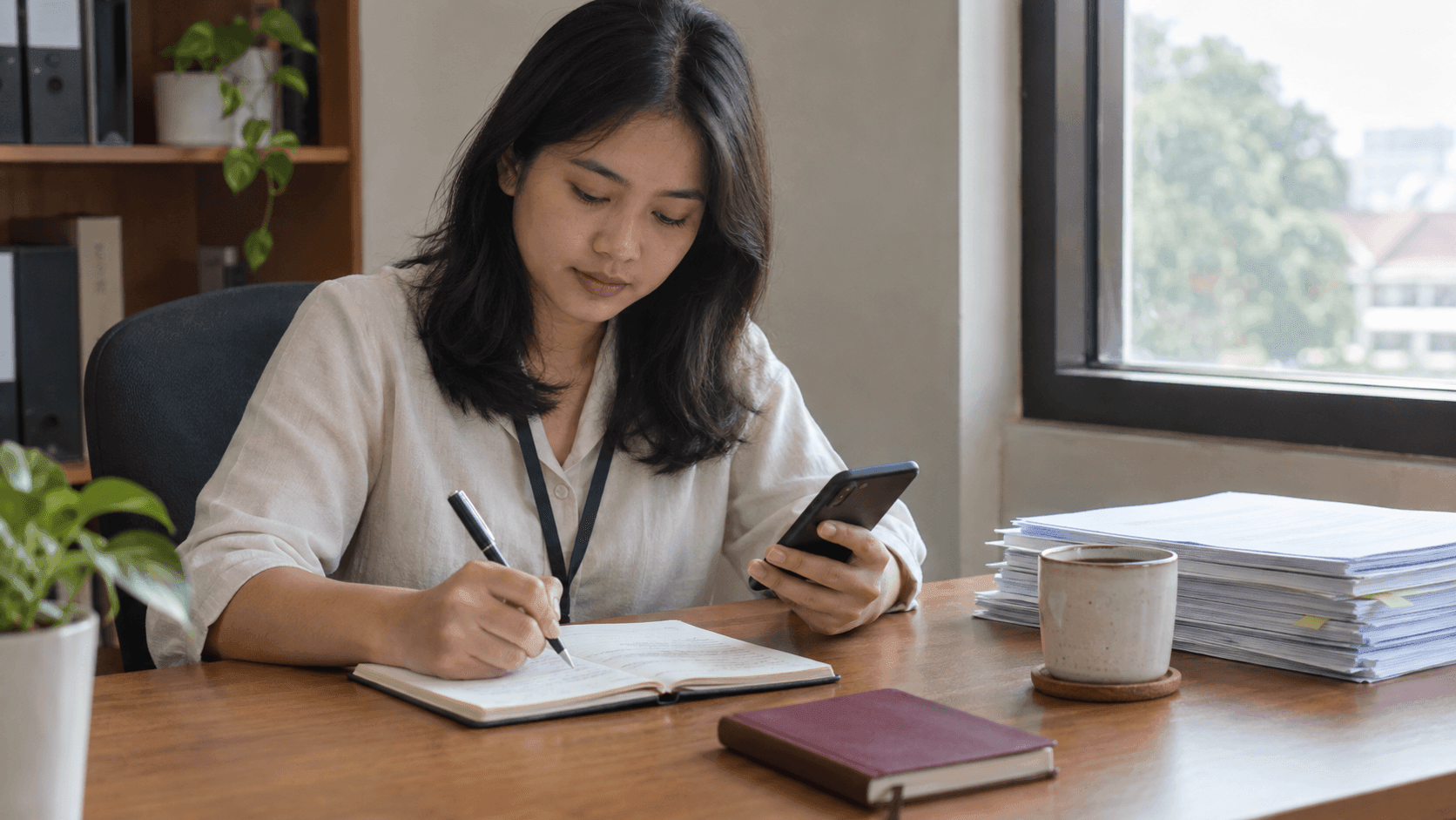 Pekerja kantor di meja kerja sore hari, satu tangan memegang ponsel dan tangan lain mencatat di buku, dengan tumpukan dokumen dan cangkir kopi di sampingnya