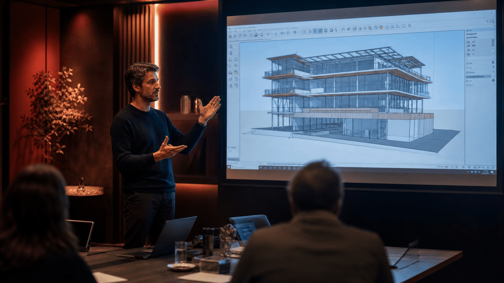 Arsitek mempresentasikan model 3D gedung di layar besar kepada klien di ruang rapat