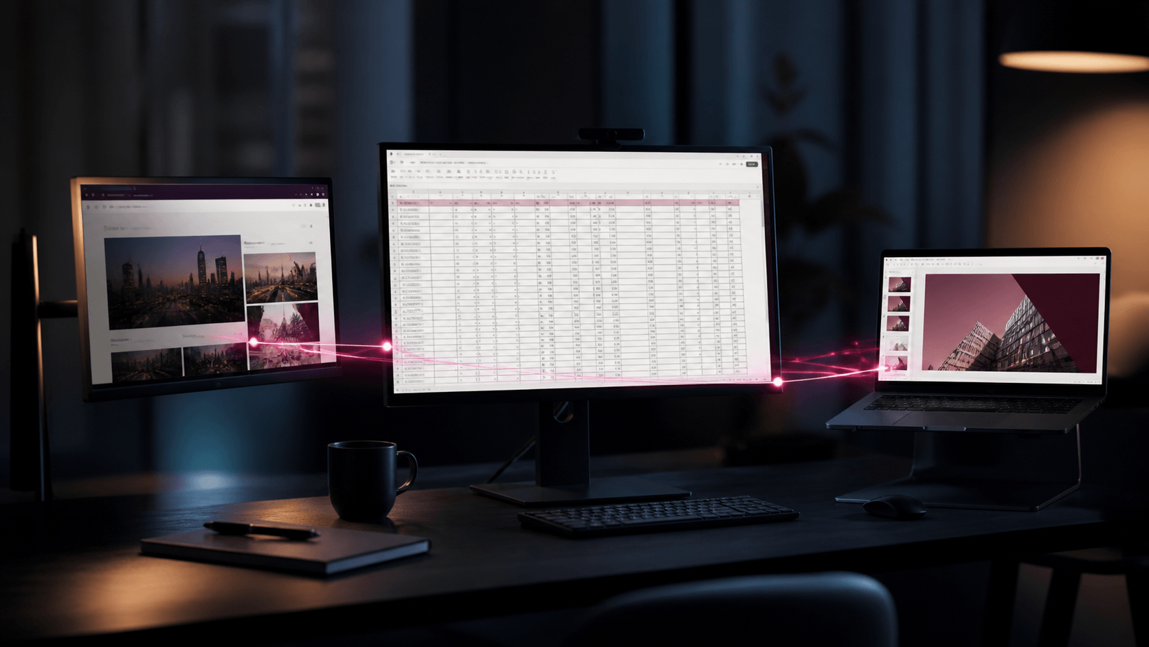 Tiga layar di meja kerja yang terhubung garis cahaya: browser berisi riset, spreadsheet berisi data, dan slide presentasi
