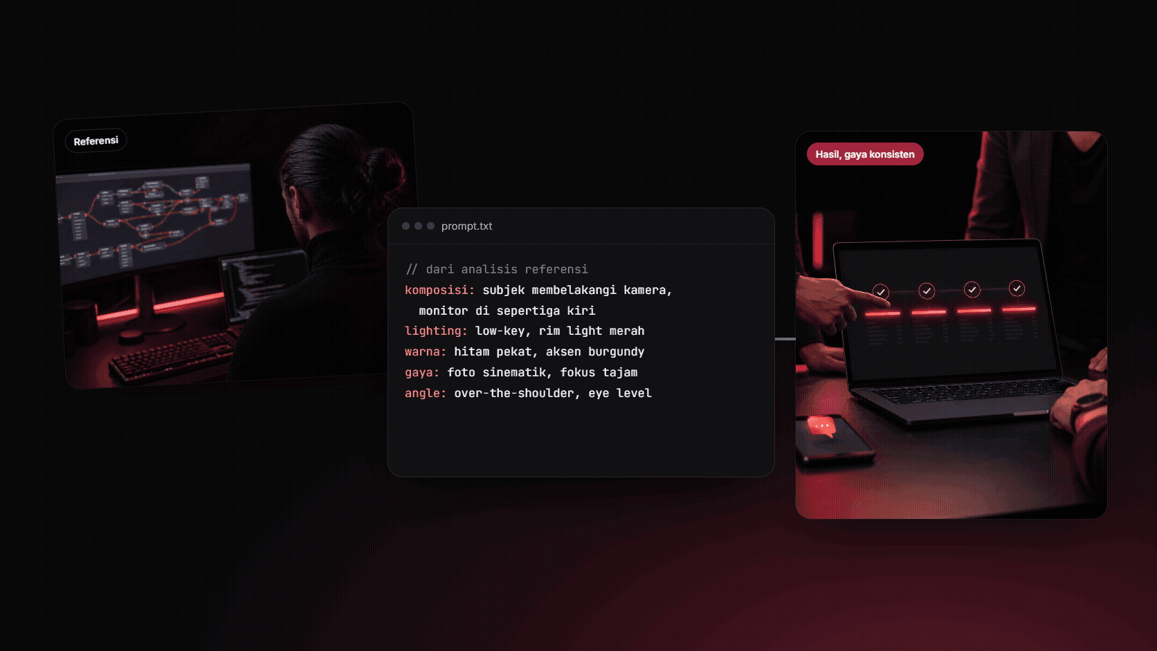 Foto referensi developer di depan monitor bercahaya merah, prompt hasil analisis referensi berisi komposisi, lighting, warna, gaya, dan angle, lalu foto hasil dengan gaya yang konsisten