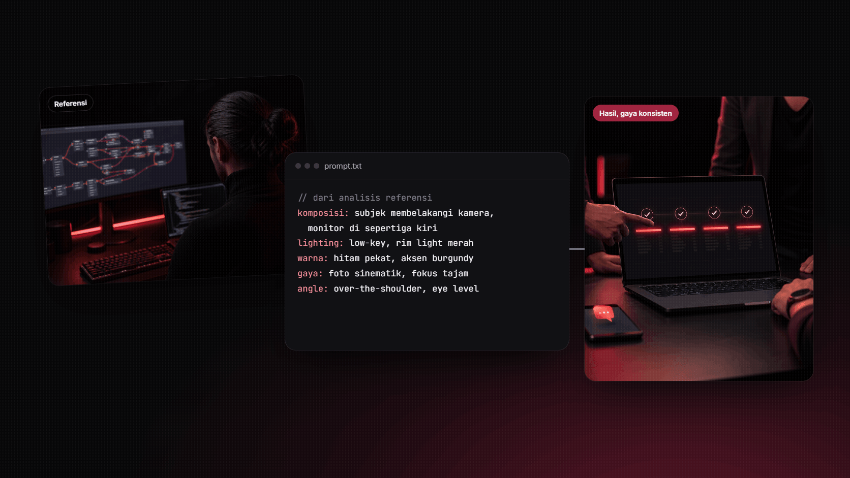 Foto referensi developer di depan monitor bercahaya merah, prompt hasil analisis referensi berisi komposisi, lighting, warna, gaya, dan angle, lalu foto hasil dengan gaya yang konsisten