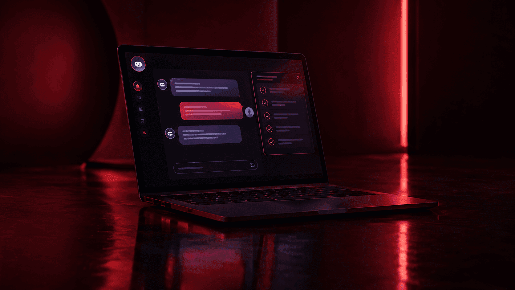 Laptop di ruangan gelap menampilkan antarmuka chat AI agent dengan daftar tugas, pencahayaan burgundy