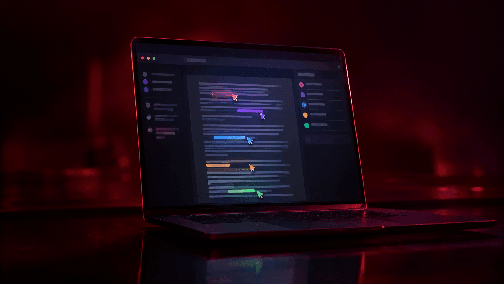 Laptop menampilkan antarmuka dokumen dengan beberapa kursor berwarna berbeda yang saling tumpang tindih, menandakan beberapa orang mengedit bersamaan