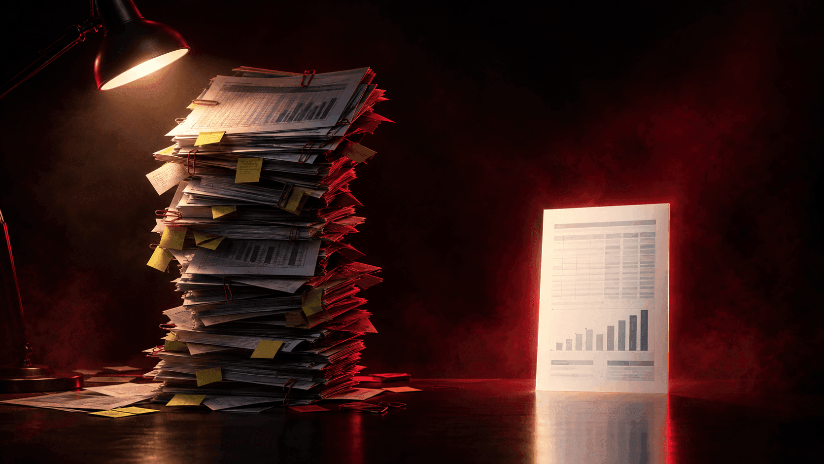 Tumpukan lembar laporan spreadsheet yang miring dan penuh sticky note di bawah lampu meja, di samping satu lembar laporan bersih yang menyala, dengan pencahayaan burgundy