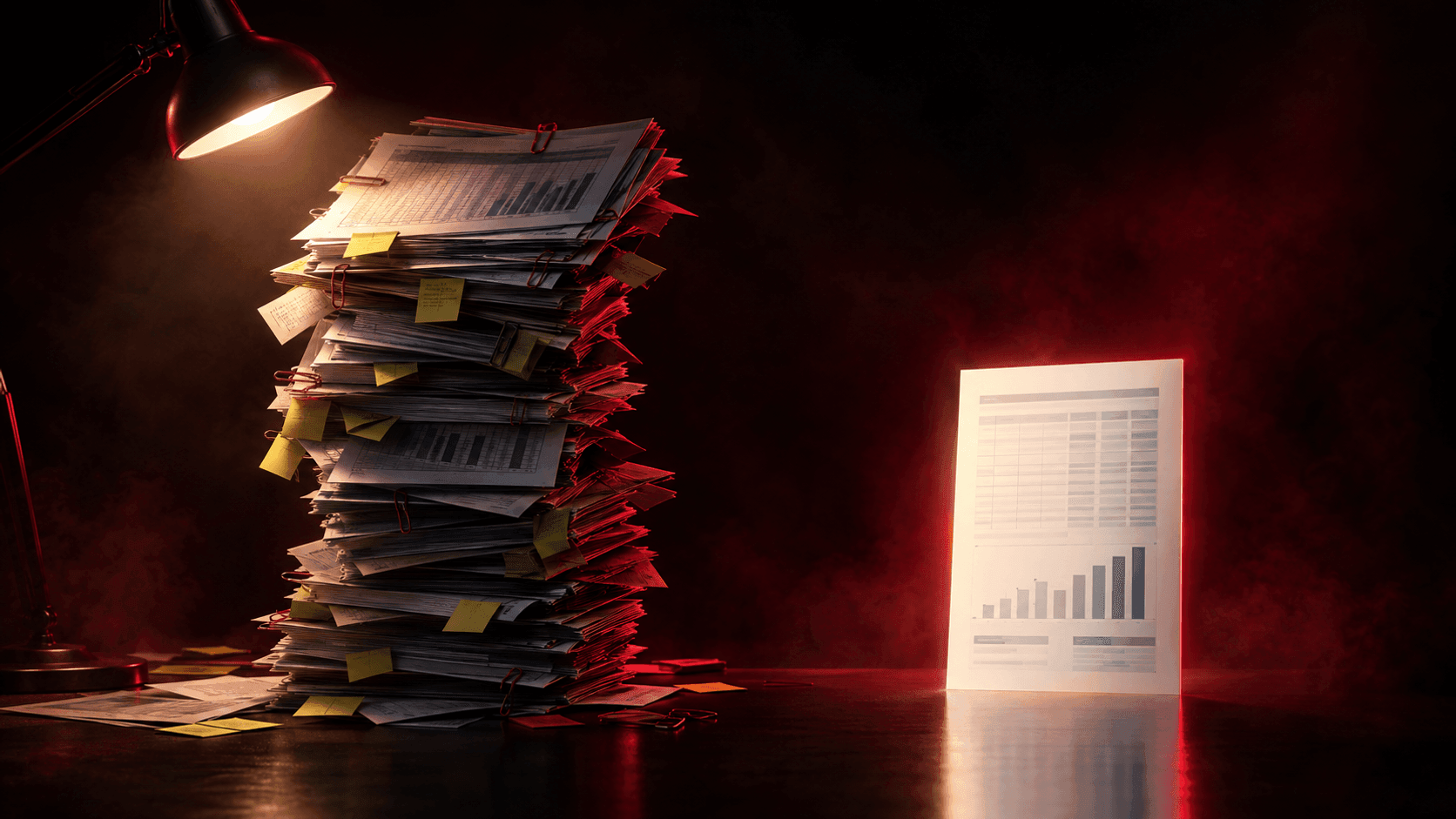 Tumpukan lembar laporan spreadsheet yang miring dan penuh sticky note di bawah lampu meja, di samping satu lembar laporan bersih yang menyala, dengan pencahayaan burgundy