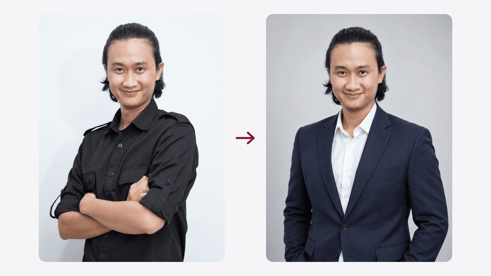 Dua foto orang yang sama bersebelahan: kiri foto studio latar putih dengan kemeja hitam dan tangan bersilang, kanan hasil AI dengan blazer navy dan kemeja putih di latar abu-abu studio