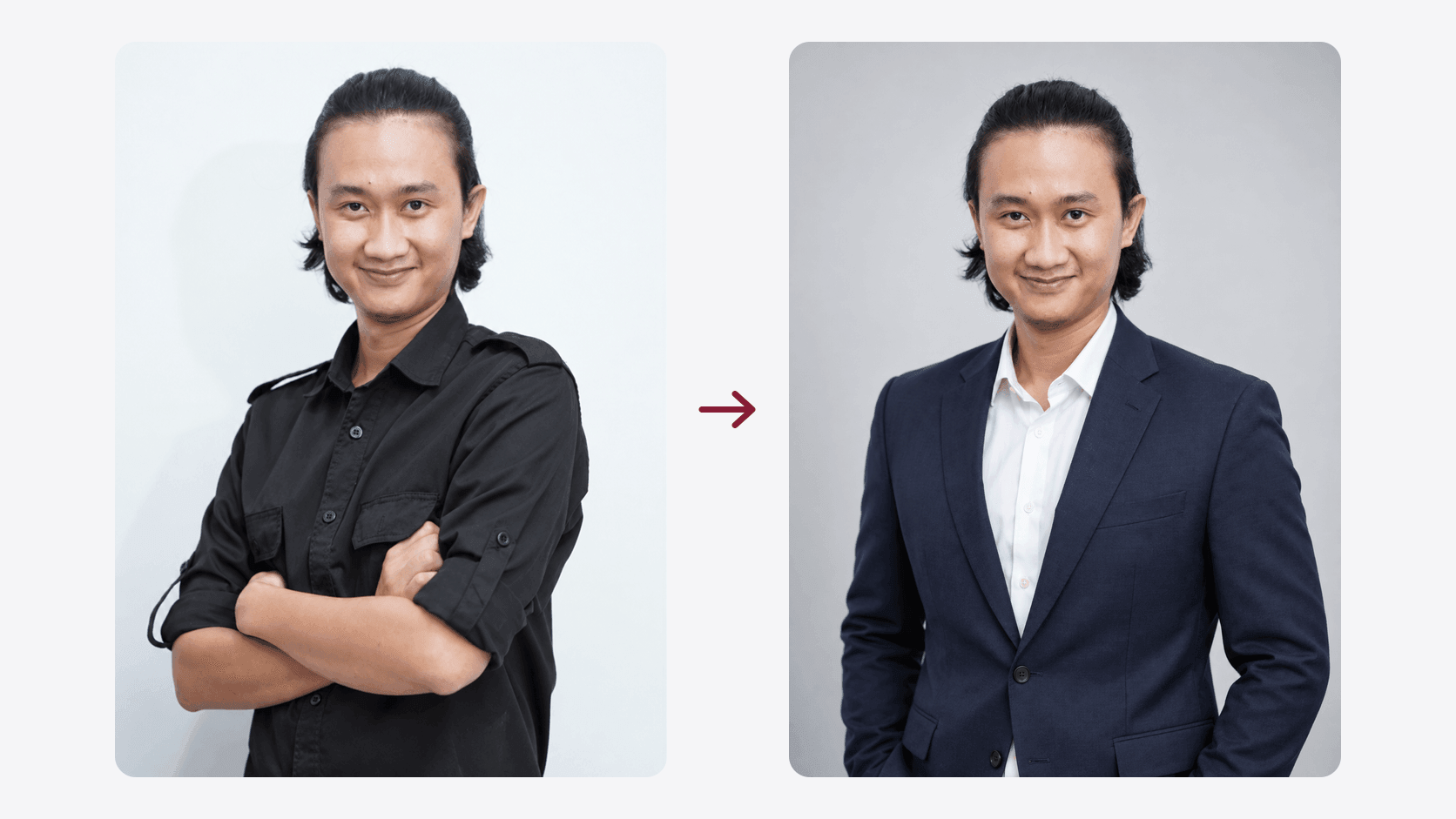 Dua foto orang yang sama bersebelahan: kiri foto studio latar putih dengan kemeja hitam dan tangan bersilang, kanan hasil AI dengan blazer navy dan kemeja putih di latar abu-abu studio