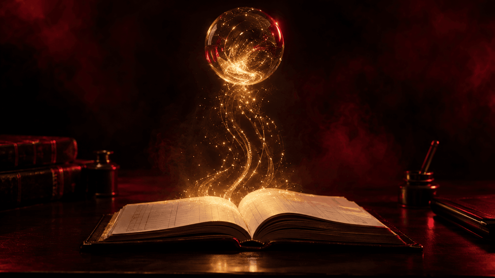 Buku besar kulit terbuka di meja gelap, aliran partikel cahaya keemasan naik dari halamannya menuju bola kaca bercahaya yang melayang di atasnya, pencahayaan burgundy