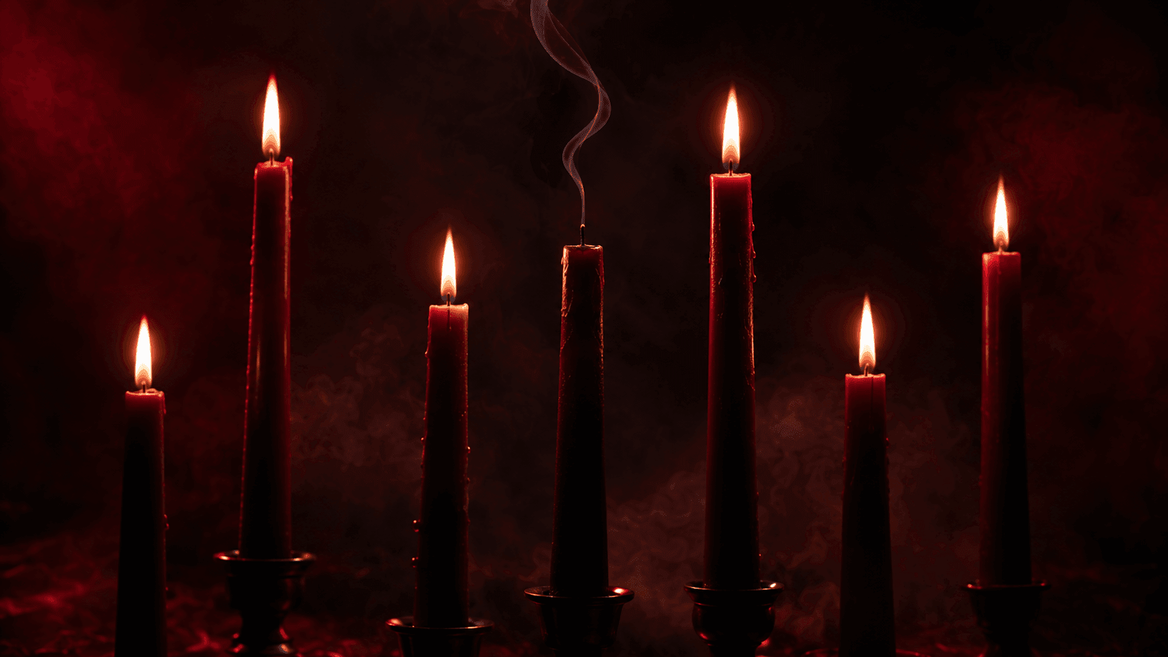 Deretan lilin tinggi dengan panjang berbeda-beda menyala di ruang gelap, satu lilin di tengah baru saja padam dengan seutas asap, pencahayaan burgundy