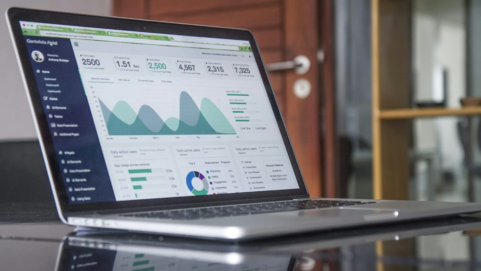 Laptop di meja kaca menampilkan dashboard berisi grafik dan angka