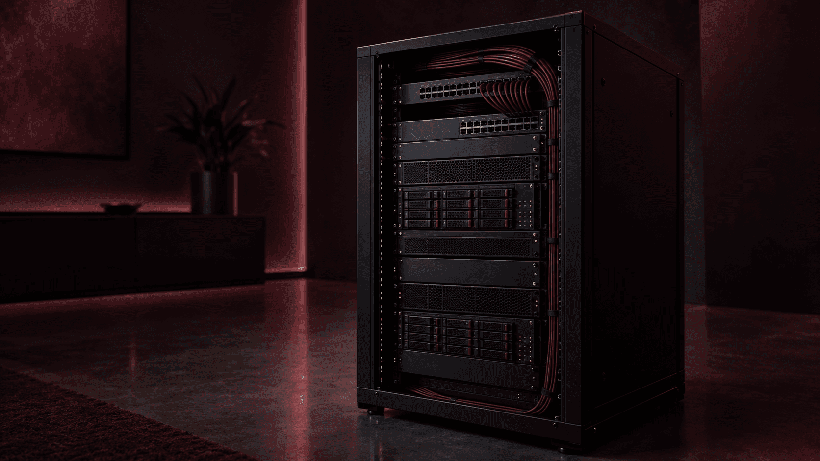 Rak server kecil di ruangan gelap dengan pencahayaan burgundy
