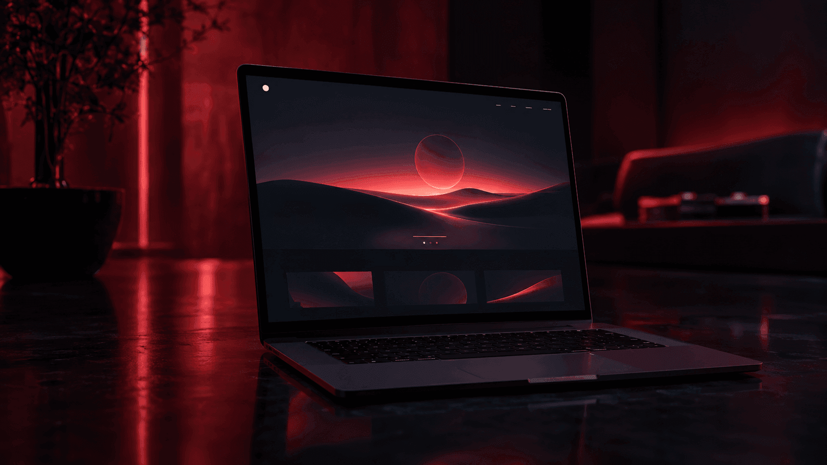Laptop di ruangan gelap menampilkan halaman depan website portofolio minimalis, dengan pencahayaan burgundy