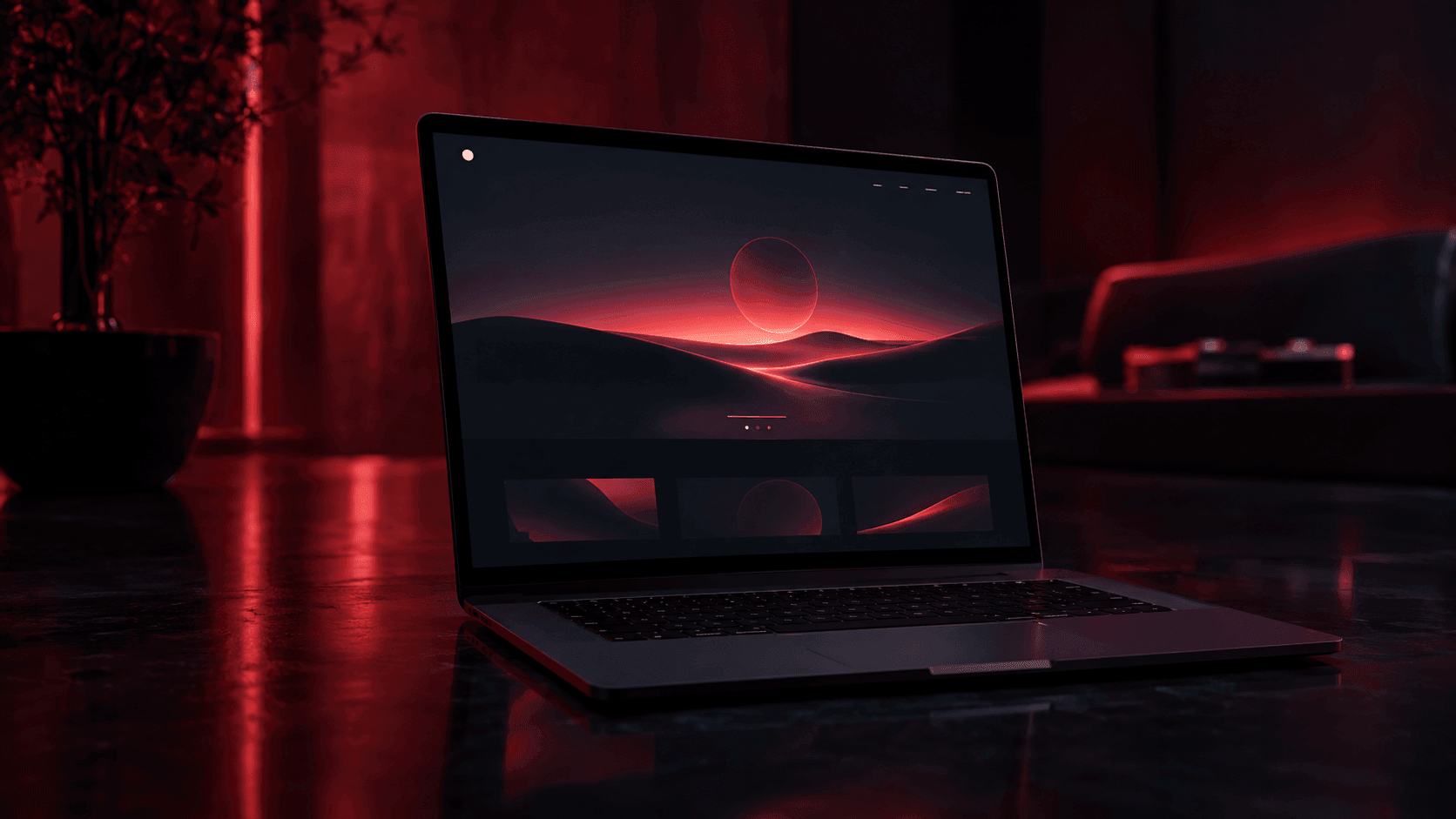 Laptop di ruangan gelap menampilkan halaman depan website portofolio minimalis, dengan pencahayaan burgundy