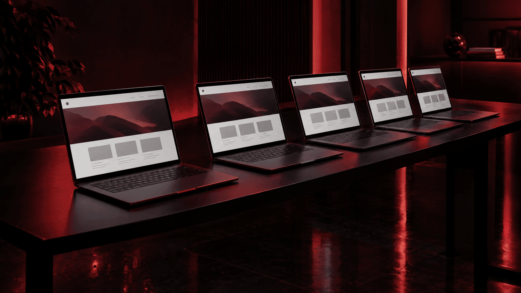 Lima laptop identik berjejer di atas meja, masing-masing menampilkan template website generik yang sama persis