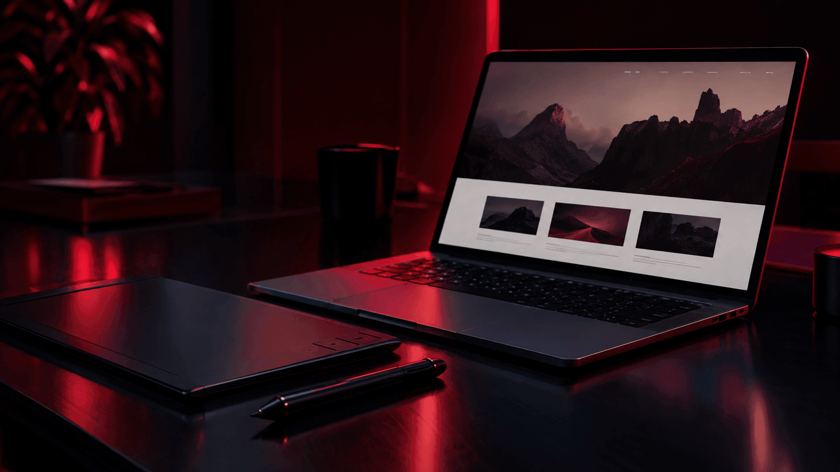Tablet gambar dan stylus di samping laptop yang menampilkan layout website minimalis