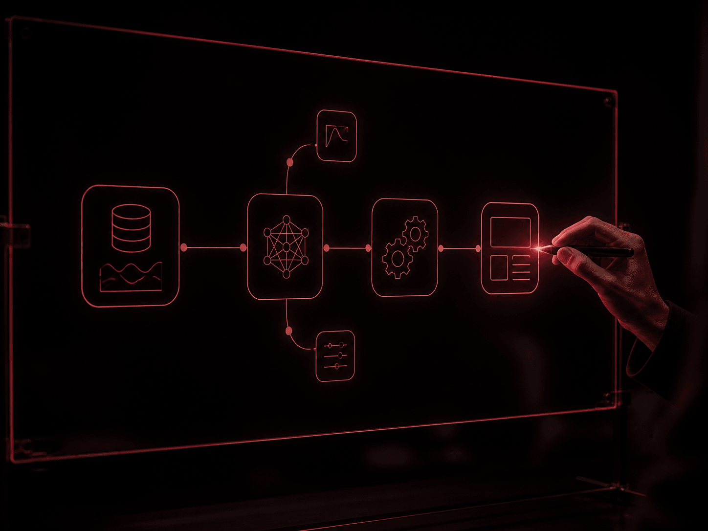 Diagram sistem bercahaya merah di papan kaca, mengalir dari data, AI, dan automation sampai interface