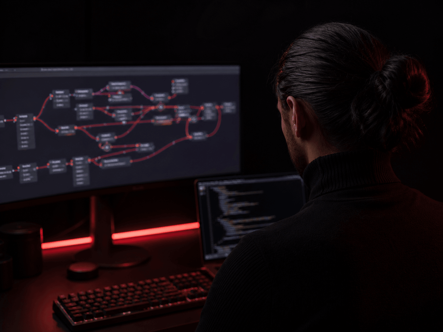 Developer berambut cepol dan turtleneck hitam membangun workflow automation di monitor