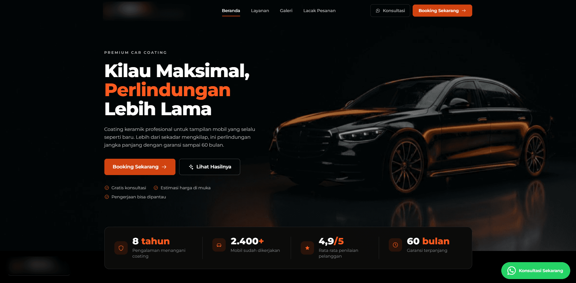 Beranda website bengkel ceramic coating dengan foto mobil dan headline Kilau Maksimal, Perlindungan Lebih Lama