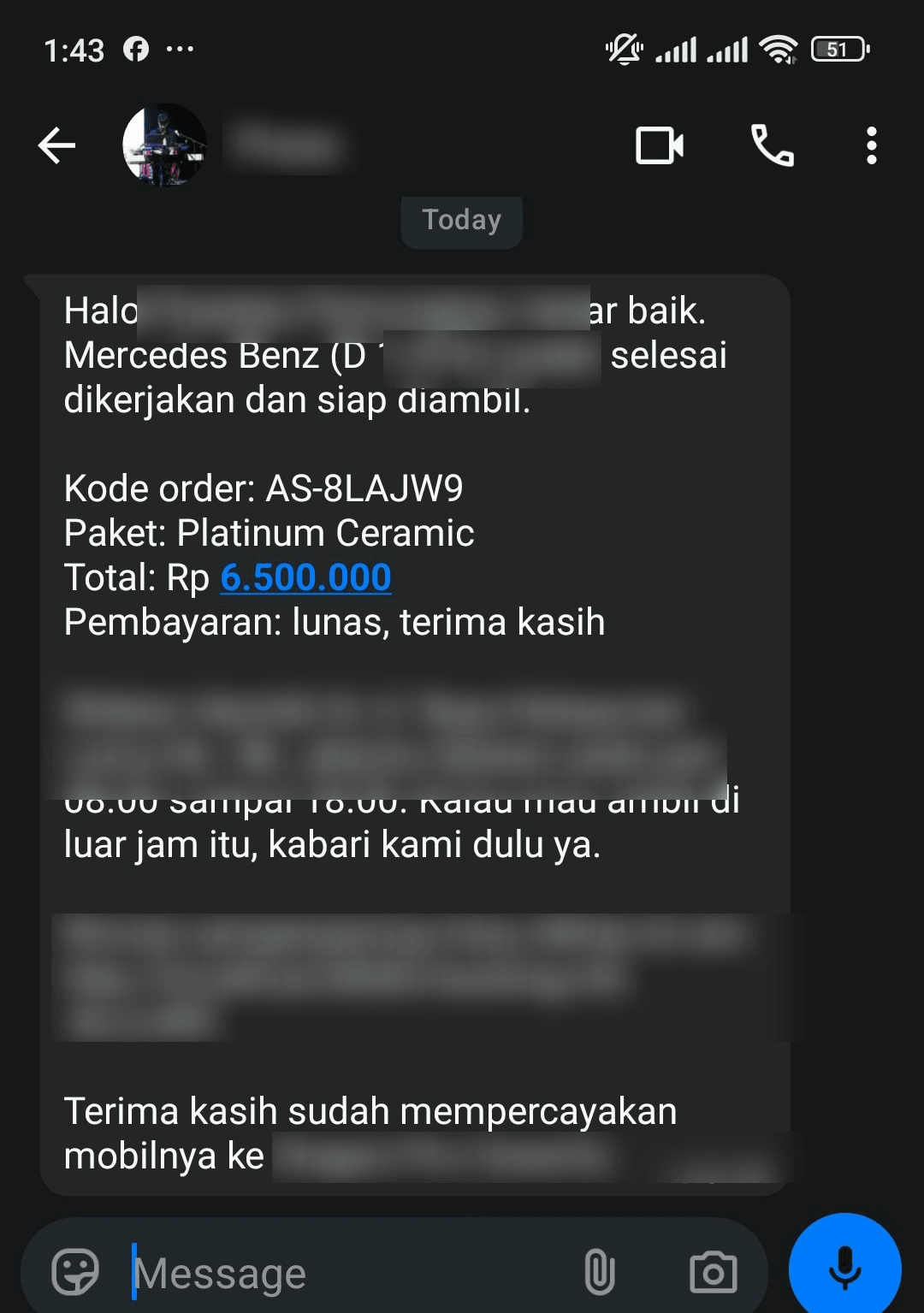 Pesan WhatsApp yang memberi tahu customer bahwa mobilnya sudah selesai dikerjakan dan siap diambil, lengkap dengan kode order, paket, dan total pembayaran