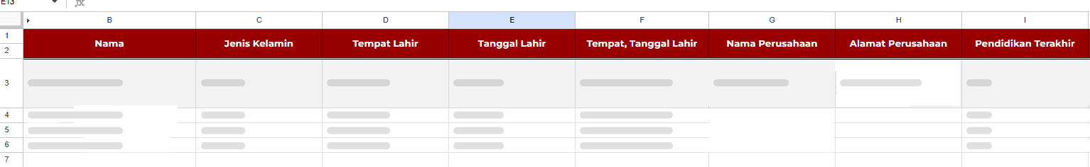 Tabel Google Sheets berisi kolom nama, jenis kelamin, tempat dan tanggal lahir, nama dan alamat perusahaan, serta pendidikan terakhir hasil ekstraksi AI
