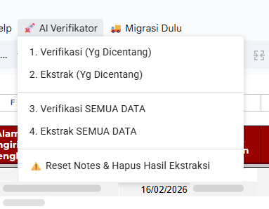 Menu AI Verifikator di Google Sheets berisi pilihan verifikasi dan ekstrak data yang dicentang, verifikasi dan ekstrak semua data, serta reset hasil ekstraksi