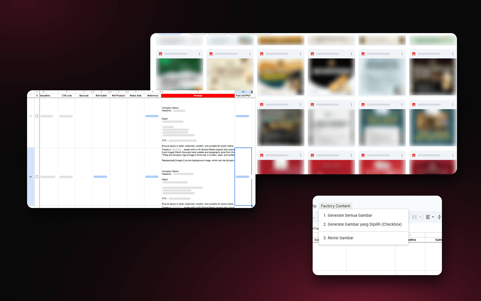 Kolase sistem AI image generator: tabel prompt otomatis di Google Sheets, menu Factory Content, dan hasil desain yang tersimpan di Google Drive