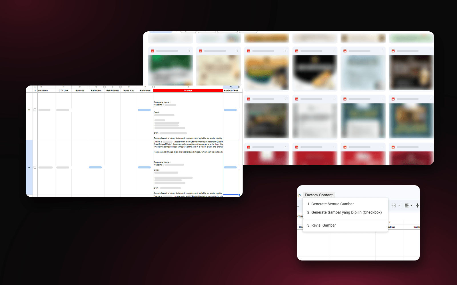 Kolase sistem AI image generator: tabel prompt otomatis di Google Sheets, menu Factory Content, dan hasil desain yang tersimpan di Google Drive