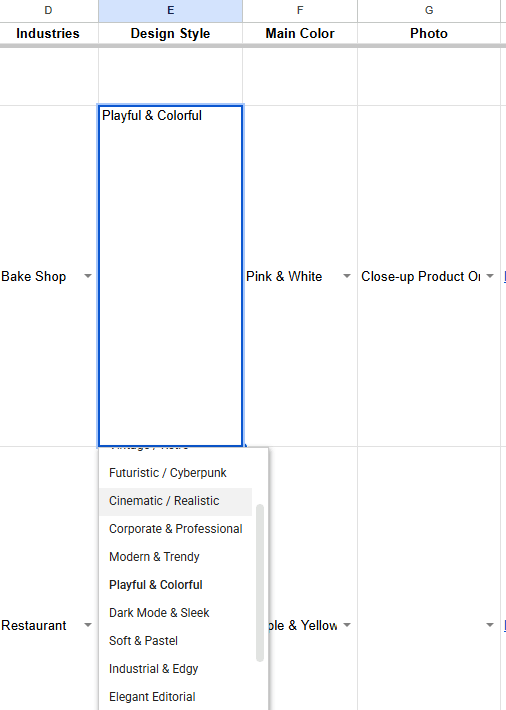 Kolom Industries, Design Style, Main Color, dan Photo di Google Sheets dengan dropdown pilihan gaya desain seperti Futuristic, Cinematic, Corporate, Modern, dan Playful