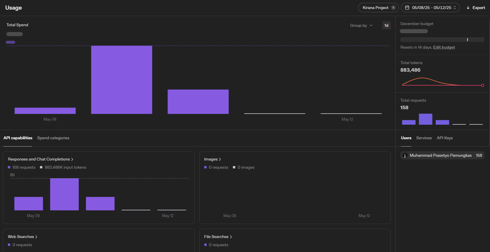 Dashboard pemakaian API berisi grafik harian, total token 883.486, dan total request 158 selama 8 sampai 12 Mei