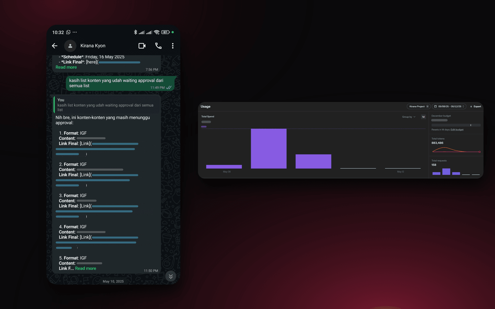Kolase chat WhatsApp dengan AI assistant Kirana yang membalas daftar konten menunggu approval, dan dashboard pemakaian API