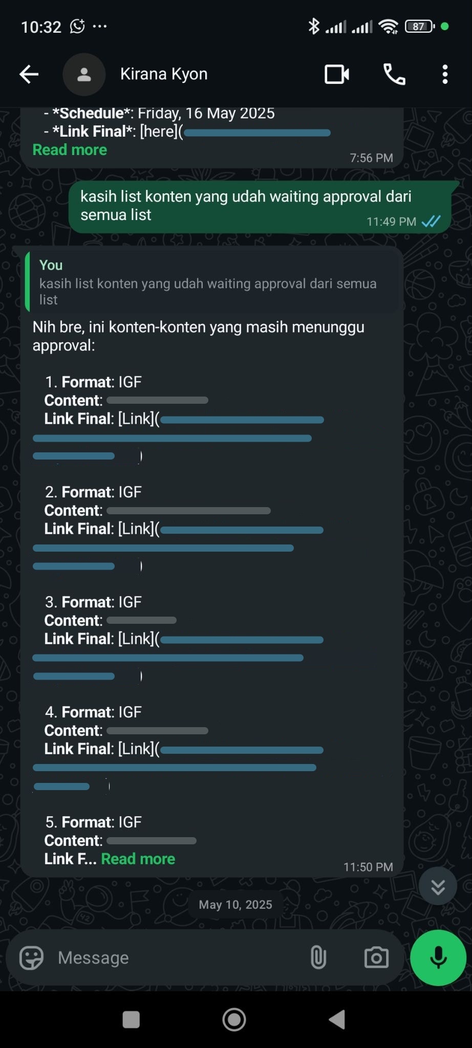 Chat WhatsApp dengan Kirana: pengguna meminta daftar konten yang menunggu approval, lalu Kirana membalas dengan lima konten beserta format dan link file final