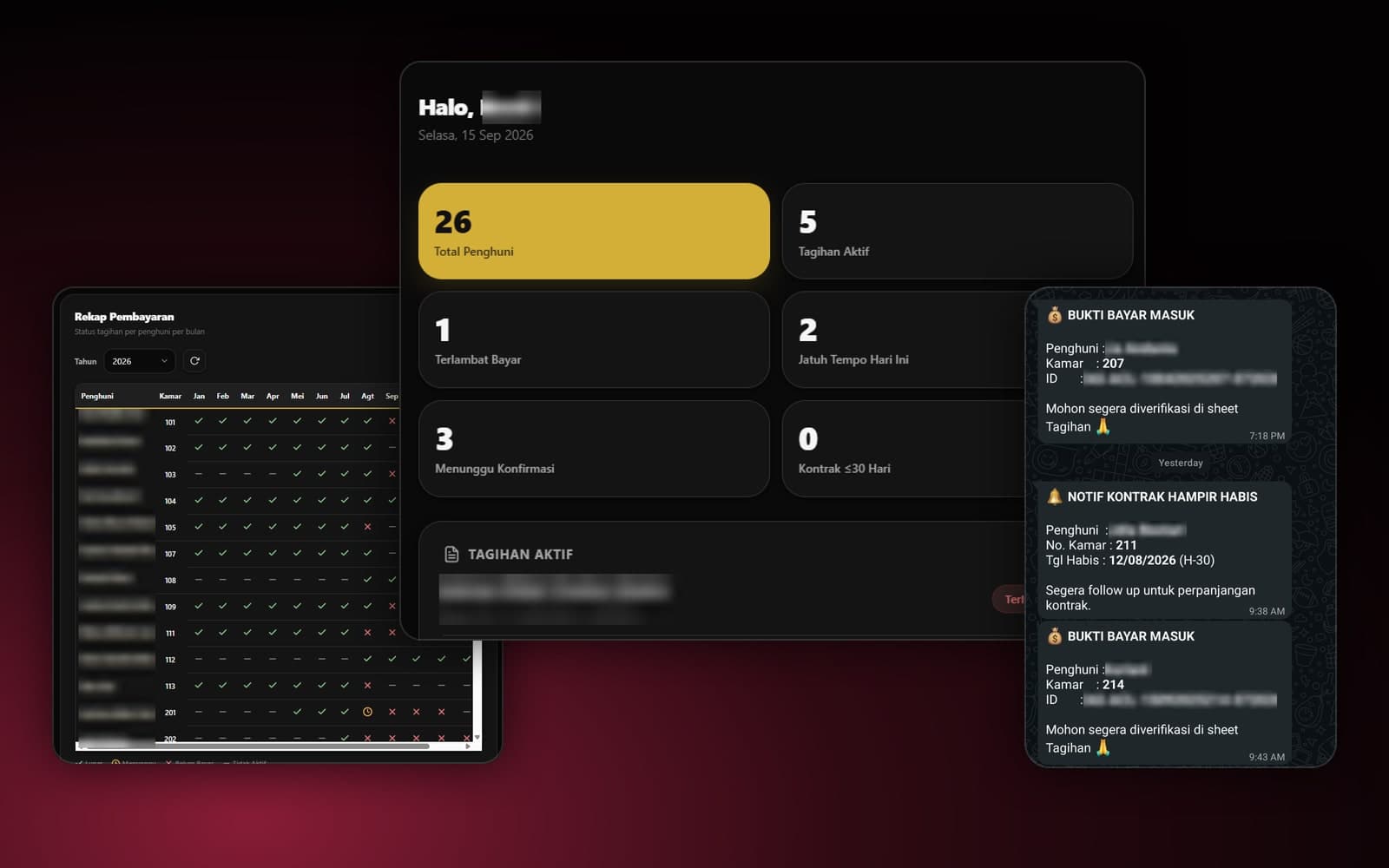 Kolase sistem keuangan kos Anantara Co-Living: dashboard admin dengan jumlah penghuni dan tagihan, rekap pembayaran per bulan, dan notifikasi WhatsApp bukti bayar masuk untuk tim pengelola