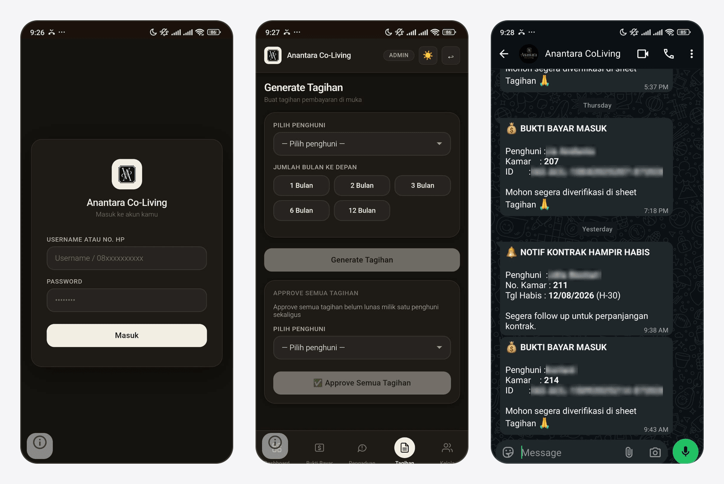 Tiga layar HP: halaman login Anantara Co-Living, halaman Generate Tagihan dengan pilihan 1 sampai 12 bulan dan Approve Semua Tagihan, serta chat WhatsApp berisi notifikasi bukti bayar masuk dan kontrak hampir habis