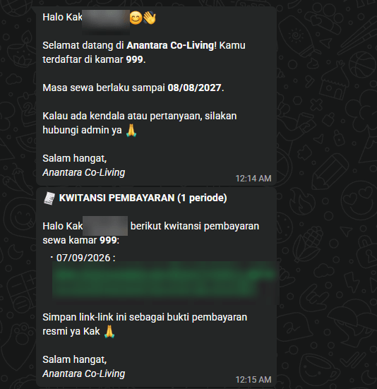 Chat WhatsApp dari Anantara Co-Living: pesan selamat datang berisi nomor kamar dan masa sewa, lalu pesan kwitansi pembayaran berisi tanggal dan link kwitansi
